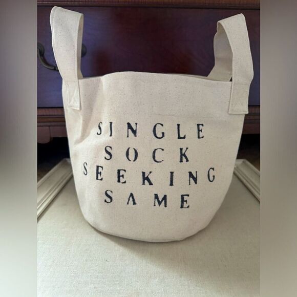 Small soft speckled off white canvas bucket for socks with text NWOT - Picture 1 of 6